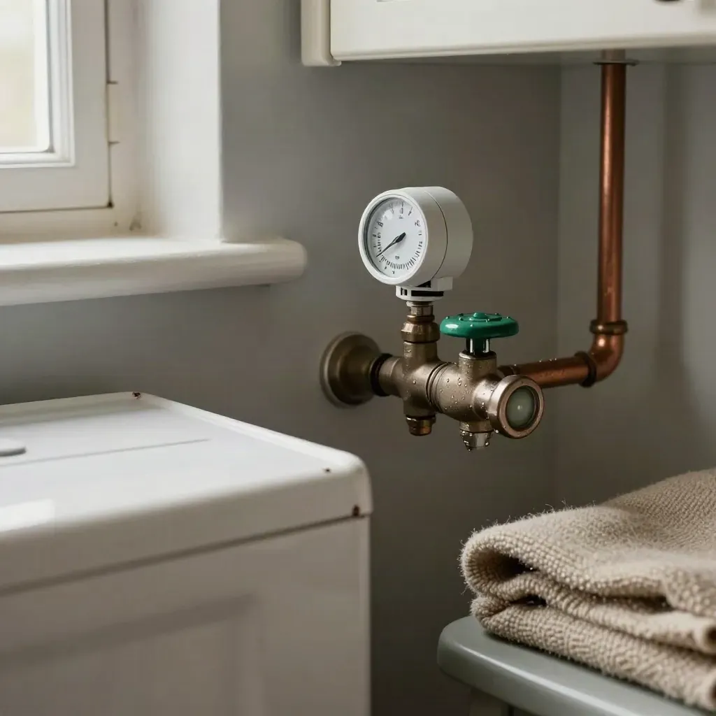Boiler corner with thermostat, radiator valve and folded throw in a cold utility room.