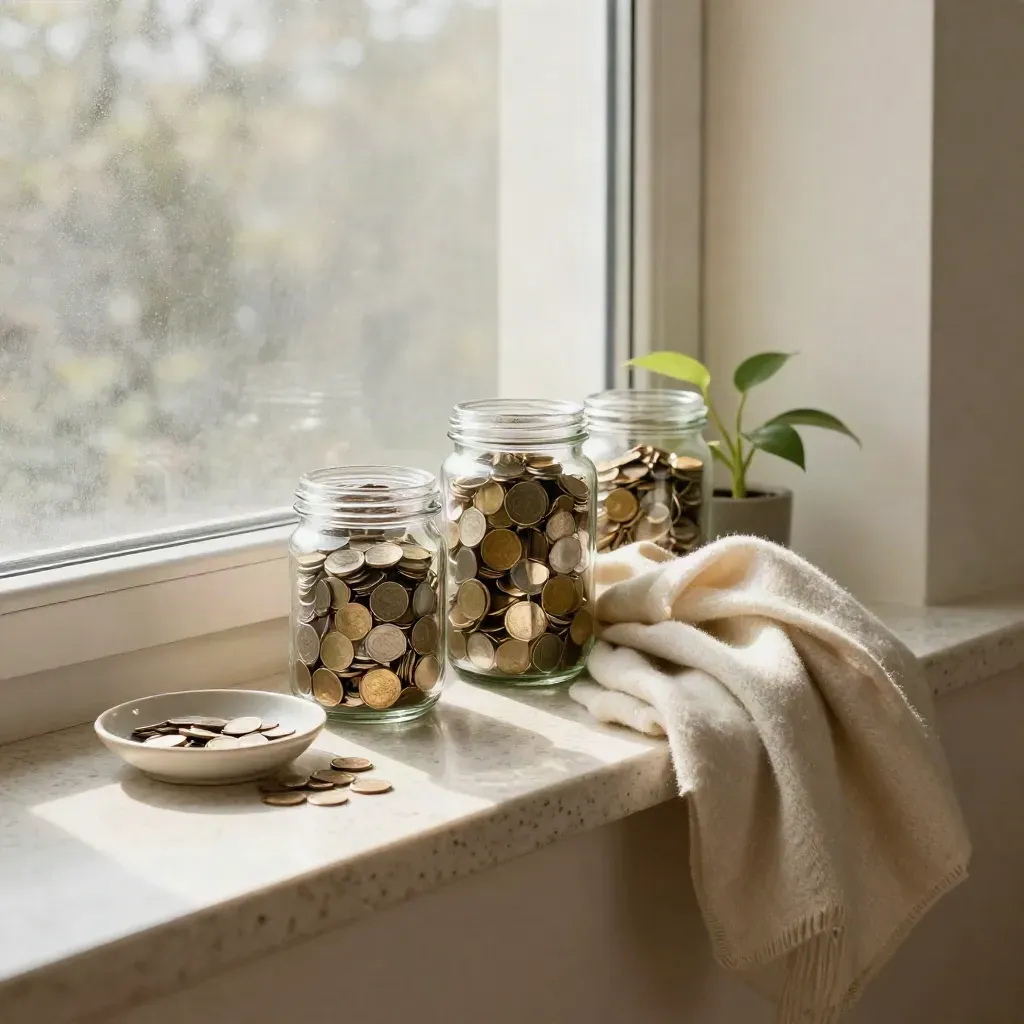 Three coin jars, scarf and houseplant on a travertine shelf in soft window light.