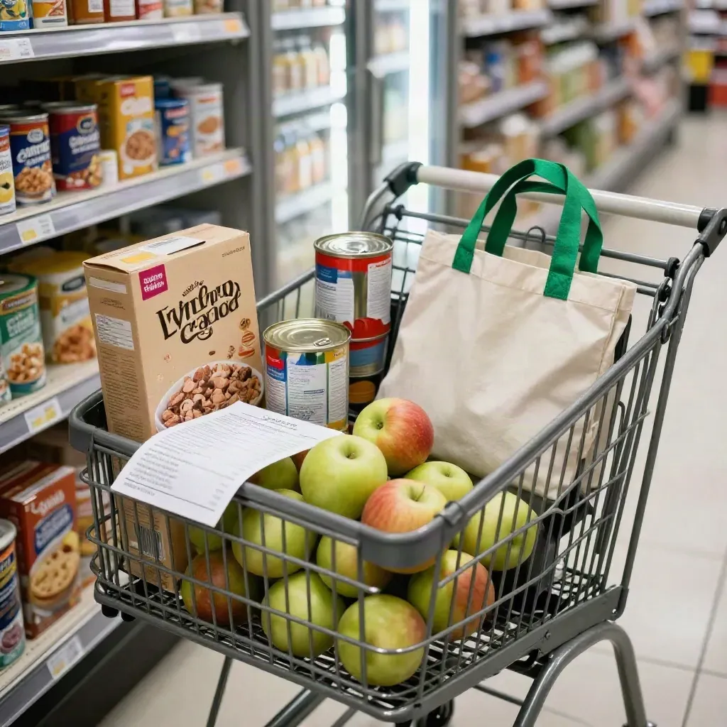 Supermarket trolley corner with staples, apples, tote and folded shopping list turning to a cheaper aisle.