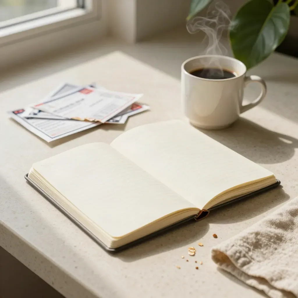 Steam rises from a coffee mug beside a notebook, houseplant and face-down mail on travertine.