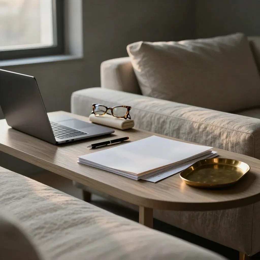 Sofa-side credit review setup with laptop, glasses, file folder and brass tray in evening light.