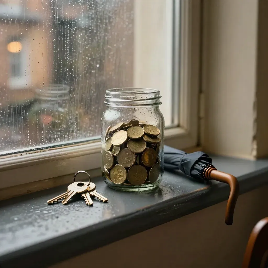 Jar of coins, house keys and a tiny umbrella on a rainy windowsill