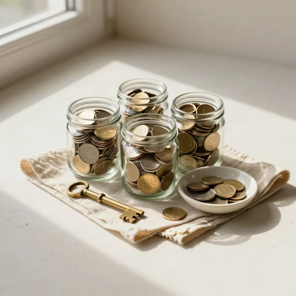 Three glass coin jars, brass key and cream dish on linen, softly lit overhead.